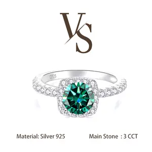 [Venus Jewelry] Synthetic Mossianite 3 CCT Green VVS 1 Solid SIlver Ring Square Halo 925 Silver Ring