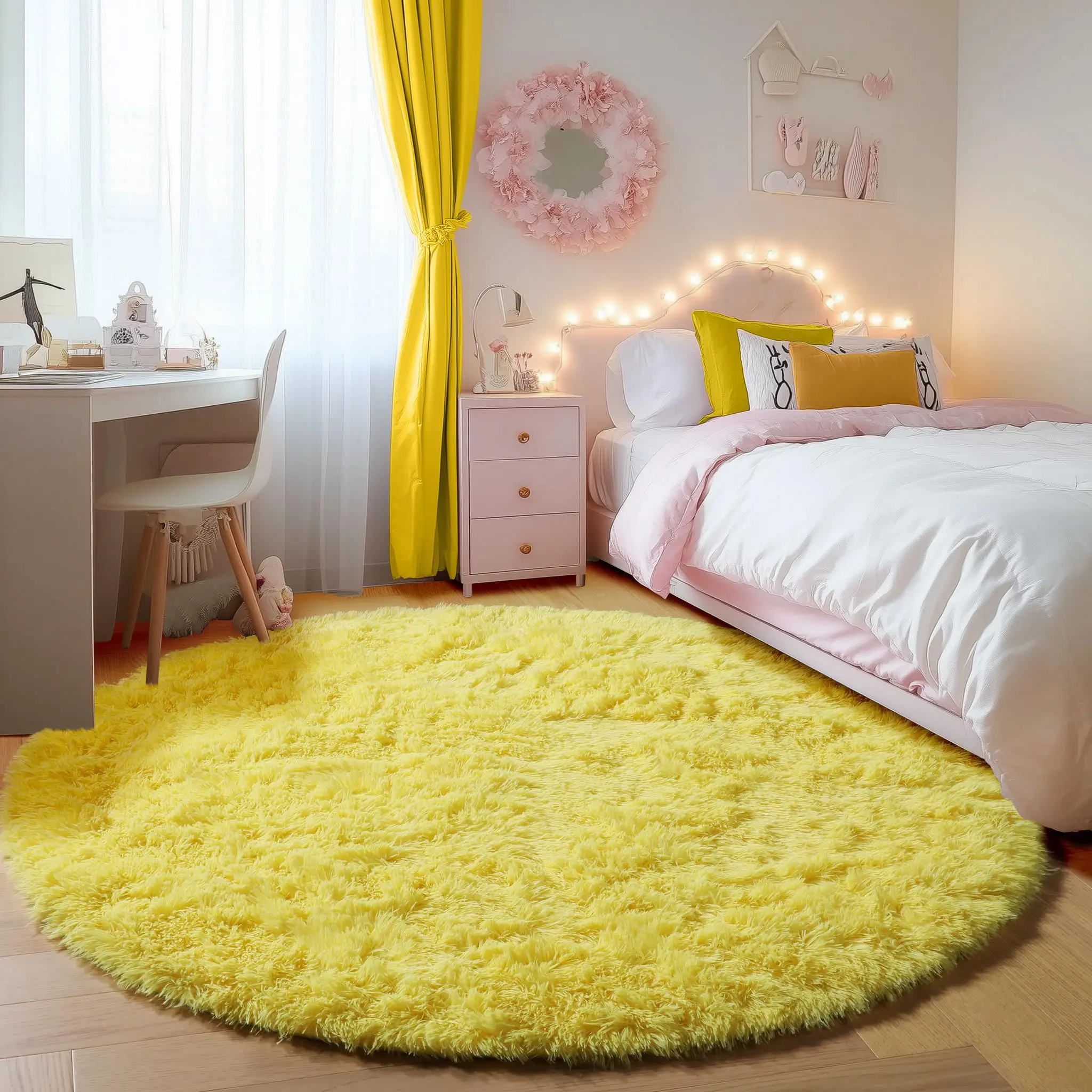 JAKOLIVE Bright Yellow Round Fluffy Rug for Woman Bedroom Shaggy Circle Area Rugs for Room Living Room Cute Fuzzy Carpet for Dorm Playroom Rug Upgrade Non-Slip Soft Plush Carpets for Sister’s Birthday Party Home Room Decor Aesthetic