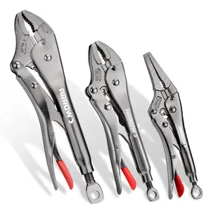 Arrow 3-Piece Locking Pliers Set - 6.5" Long Nose and 7" & 10" Curved Jaw Locking Pliers, CR-MO Steel Construction with One-Hand Release, Adjustable Screw and Ergonomic Anti-Slip Handle