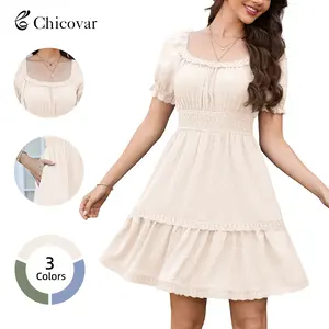 Florboom Women's Summer Boho Swiss Dot Mini Dress – Puff Sleeves, Square Neck, Smocked Waist, A-Line, Side Pockets – Vacation, Party, Daily Wear,Summervibes