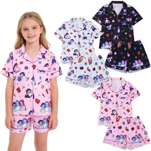 KPop Inspired Girls Pajama Set, Cute Anime Style Short Sleeve Summer PJs for Kids, Soft Breathable Sleepwear Nightwear Outfit for Girls