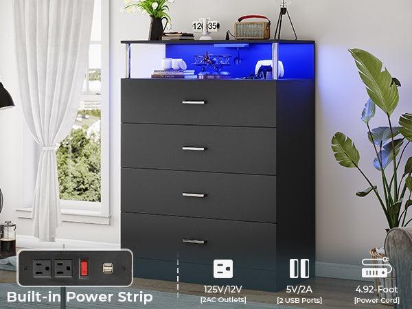 Sikaic 4 Drawers Led Tall Dresser Home Storage Cabinet with Charging Station for Bedroom Closet