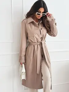 Women's trench coat with a collar pocket design, a high-end commuting trench coat, loose and slimming, long sleeves, tied waist mid length trench coat, light and mature style jacket, suitable for daily work/leisure/formal occasions in spring and autumn