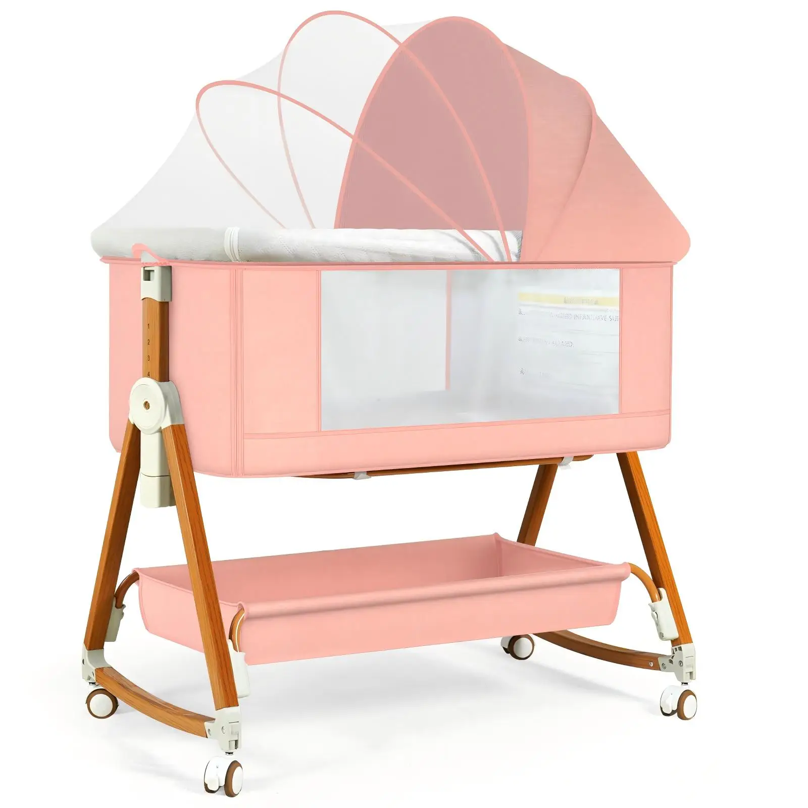 Baby Bassinet Crib Sleeper, 6 Height Adjustable Cribs,Easy to Fold Portable Crib Side Bassinet,Swing Cradle Bed Side Sleeper with Ventilated Net&Wheel