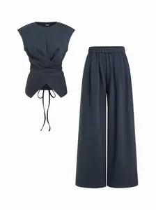 Cider Cotton-blend Round Neck Twist Top & Mid Rise Wide Leg Trousers Set