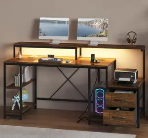 【GARVEE】63'' Computer Desk with File Drawers, Charging Station & LED Light, Printer Space, Monitor Stand, and Storage Shelves, Ideal for Work, Gaming, Study in Rustic Brown