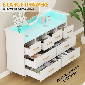 Tall 8 Drawer Wooden Dresser With Charging Station And Music Sync Rgb Led Lights Modern Closet Organizer App Controlled Voice Command Scratch Resistant Finish Stylish Metal Handles White