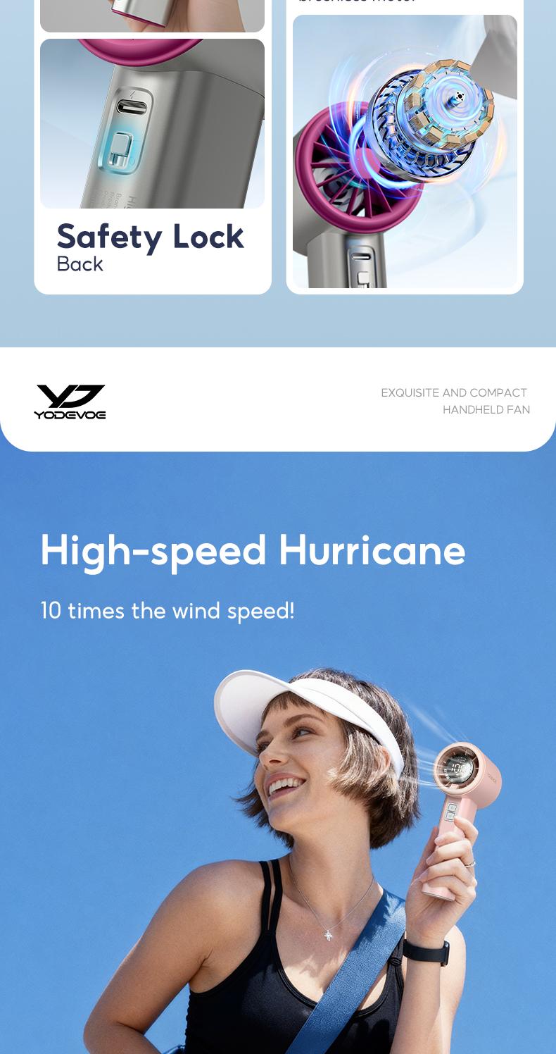 YodevoeThis portable handheld turbine fan features 100 speed settings, a built-in 4000mAh battery, and a runtime of up to 18 hours. This 3-in-1 rechargeable handheld fan utilizes turbine cooling technology and is suitable for outdoor activities.