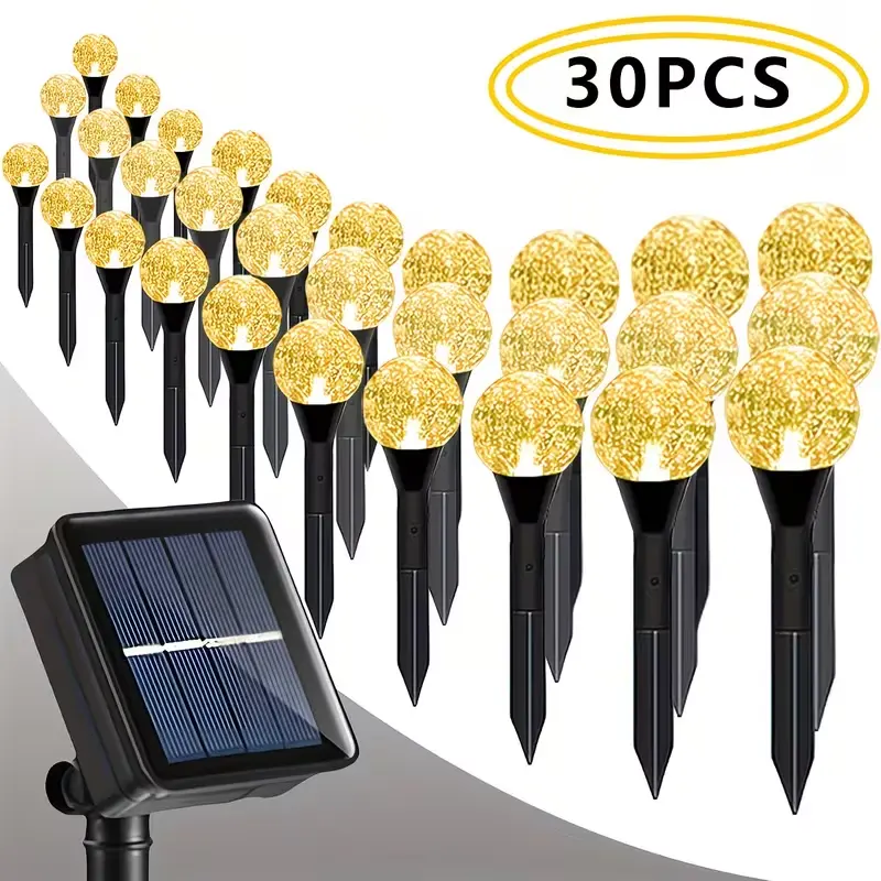 UMEUC 30-Piece Outdoor Solar Crystal Ball String Lights 19-Foot/6-Meter IPX4 Lawn Light Strip 8 Lighting Modes with Light Sensor Switch Ideal for Garden, Courtyard, Pathway, and Landscape Lighting