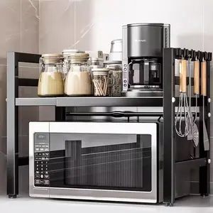 NETEL 2 Tier Expandable Microwave Shelf, Over Microwave Shelf, Worktop Stand, Kitchen Stand Up Oven, Microwave Rack with Hooks and Holder NETEL