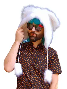 Atomic Laundry Apparel White Faux Fur Bear Mouse Hat with Large Adorable Ears and Fluffy Pom Poms One Size Fits All Teen Adult