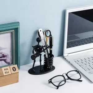 Black Metal Pen Pencil Cup with Nuts and Bolts Stick Figure Guitar Rocker Design, Decorative Desk Pencil Holder