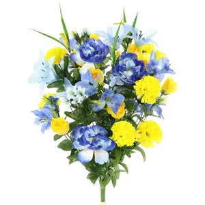 Admired By Nature ABN1B001-BL-YW 40-Stem Artificial Mixed Flower Bush - Full Blooming Lilies, Rose Buds, Carnations, Mums & Greenery, Blue & Yellow, for Wedding, Anniversary Table Decor Plants