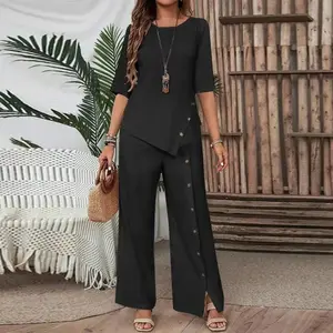Women's 2026 Irregular Hem Long Pants Suit Elegant Stylish Casual Two-Piece Set with Button-Down Short-Sleeved Shirt and Loose-Fitting Trousers