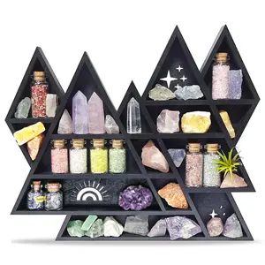 FNYDOX Mountain Crystal Display Shelf Triangular Knick Knack Organizer for Home Decor & Collectibles Matte Black Wood Racks for Rocks Minerals Gothic Witchy Aesthetic