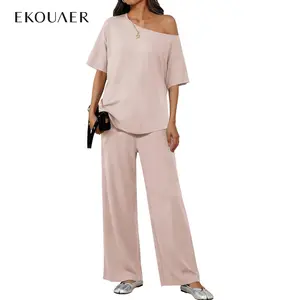 Ekouaer Women's Basic 2-Piece Loungewear Set - Short-Sleeve Off-Shoulder Top, Long Pants, Soft Casual Summer Outfits Inspo Women's Clothing Set
