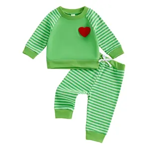 Baby Boy Christmas Outfit Who Stole the Christmas Red Heart Embroidery  Green  Sweatshirt Jogger Pants Cute 2Pcs Toddler Xmas Photo Clothes