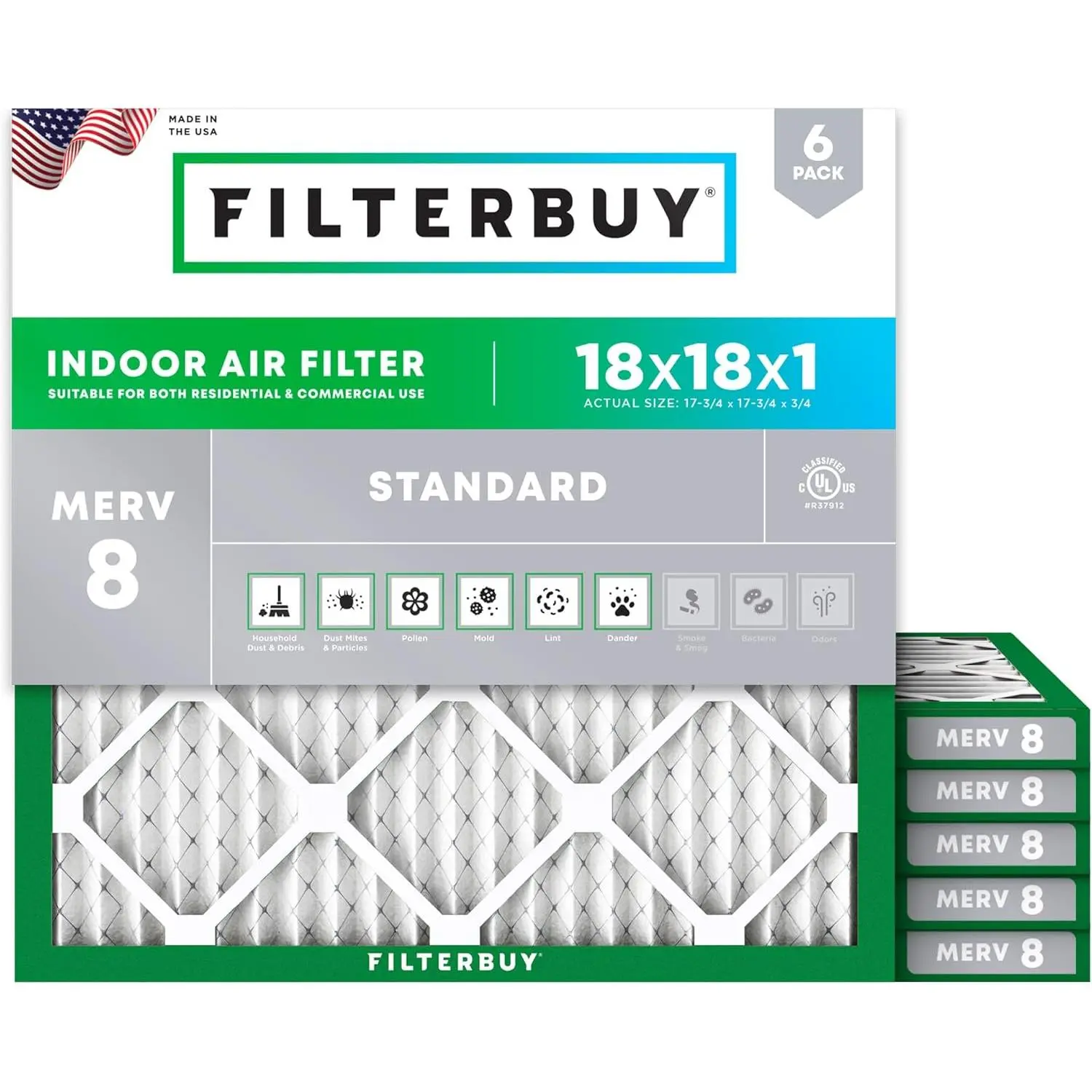 Filterbuy 18x18x1 Replacement HVAC AC Furnace Air Filter (6-Pack Value), Pleated MERV 8 Dust Defense, Electrostatically Charged, Eco-Friendly Recyclable Materials (Actual Size: 17.75x17.75x0.75 In), New