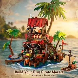 Pirate Bay Market Building Blocks 856PCS – Pirate Harbor Market & Dock Model Kit with Rum Bottles Parrots Magnetic Tiles Fun Gifts for Collectors and Diorama Builders