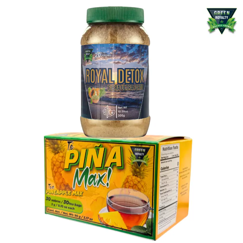 Green Royalty Piña-Max Tea & Royal Detox Fiber Powder Drink Mix, 10oz Pineapple Flavor, Caffeine-Free Gut Health Supplement, Daily Fiber Supplement, Detoxifying Youth-Focused Drink, Taste Cert.