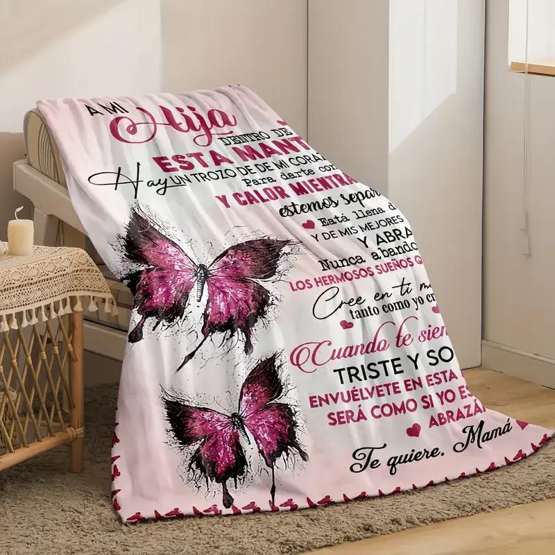 Inspirational Blanket for My Daughter from Mama & Papa – Perfect Gift for Birthdays, Graduations, Back-to-School, and Christmas, Decorated with Pink Butterflies for a Sweet Bedroom Style