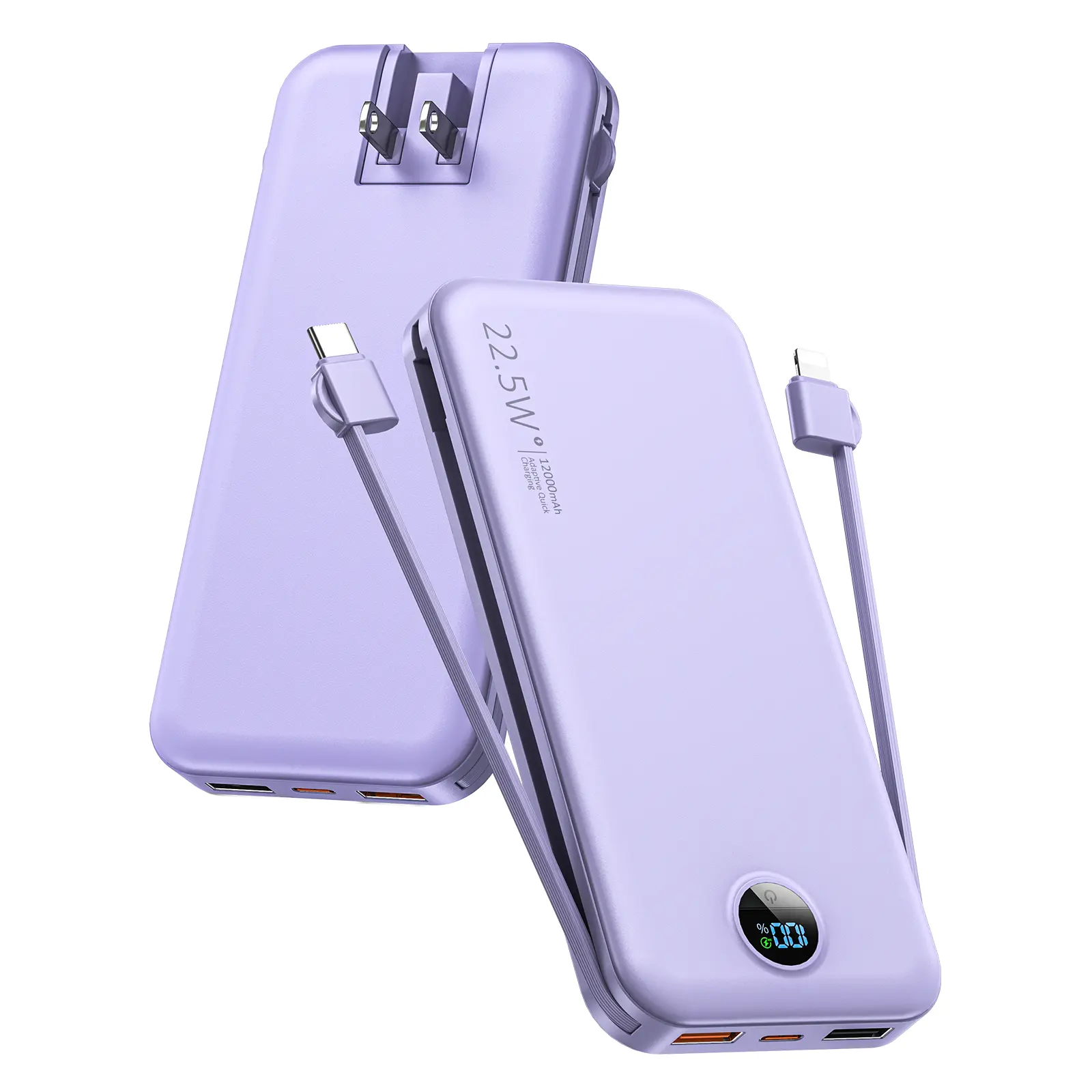 12000mAh Ultra Slim Power Bank Built-in Cables Wall Plug LED Display Portable Charger for iPhone 15 14 13 Samsung iPad Travel Back to School