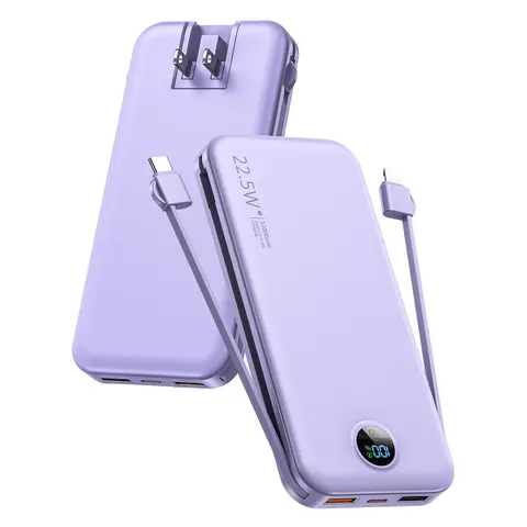 RETMSR 12000mAh Ultra Slim Compact Lightweight Mobile Power Bank Charger, Built-in Cables & Wall Plug, Digital LED Display, for iPhone 15-14-13, Samsung, iPad (Travel, Back to School)