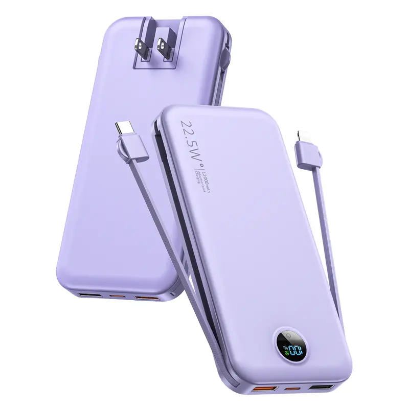RETMSR 12000mAh Ultra Slim Compact Lightweight Mobile Power Bank Charger, Built-in Cables & Wall Plug, Digital LED Display, for iPhone 15-14-13, Samsung, iPad (Travel, Back to School)