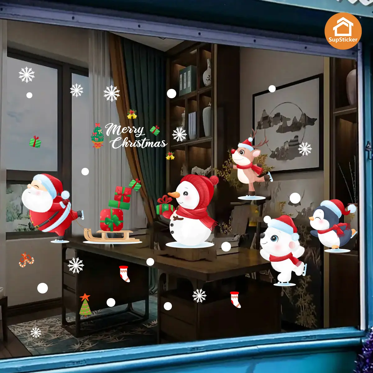 Christmas Theme Window Stickers, Santa Snowman Reindeer Penguin Designs, Self-Adhesive UV Craft Decorative Film for Home Glass Walls