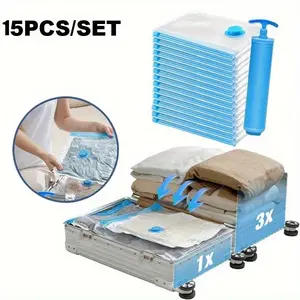 15-Piece Vacuum Sealed Clothing Storage Bags with Hand Pump, Durable Plastic Space-Saving Travel Organizer, Multi-Functional Compression Kit