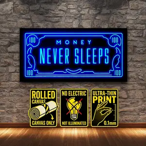 Money Never Sleeps Neon-style Wall Art, 1 Count Unframed Inspirational Canvas Wall Art, Motivational Wall Art, Modern Home Decoration, Decoration Items