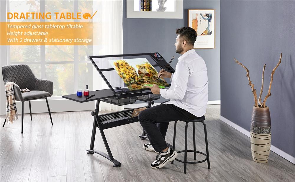 Yaheetech Height Adjustable Drafting Table & Stool Set, Drawing Table Art Desk with Stool and Storage Drawers, Painting Studio Design Work Station