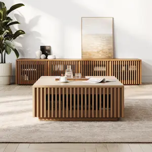 31" Square Wood Coffee Table with Storage, Mid Century Modern Coffee Table, Walnut Color