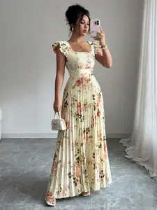 Women's Rose Floral Print Flutter Sleeve Ruched Fitted Pleated Dress, Casual Vacation Wear, Elegant Spring Summer Fashion, Ladies' Stylish Clothing, Womenswear