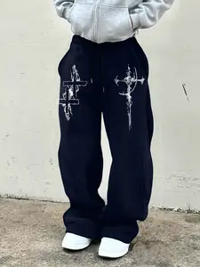 Men's Drawstring Waist Straight Leg Pants, Cross Print Pockets, Comfortable Casual Wear for Fall & Winter, Street Style Fitted Trousers