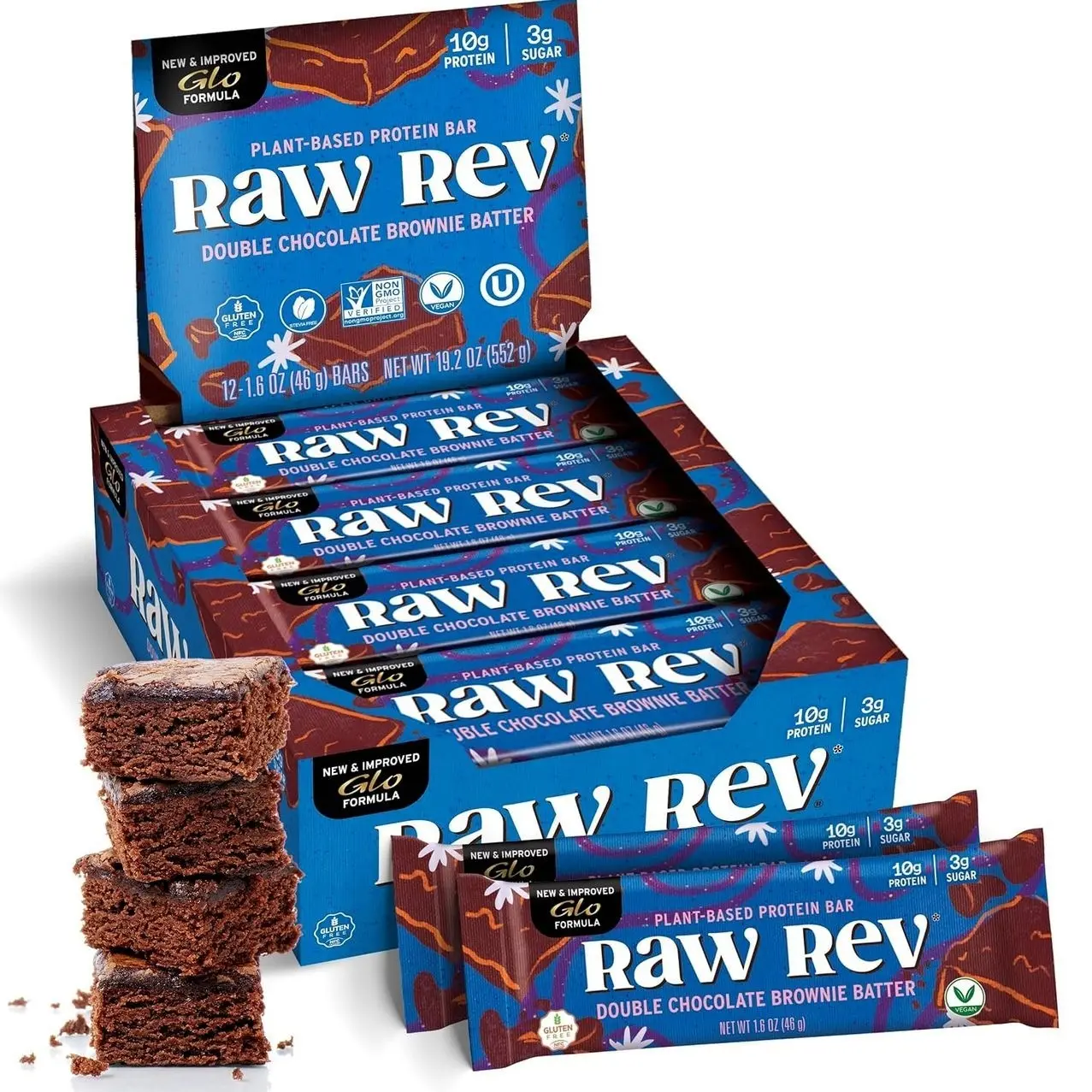 Raw Rev Glo Protein Bar, Double Chocolate Brownie Batter, 12 Bars | Vegan & Dairy-Free Protein Bar | Gluten-Free | Plant-Based | No Sugar Alcohols | Kosher | Keto-Friendly