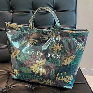 PVC Tote Bag Women's Letters Print Large Kraft Paper Carry All Bag Top Handle Clear Hobo Handbag 14.5L Capacity Velcro Closure Trendy Waterproof Classic