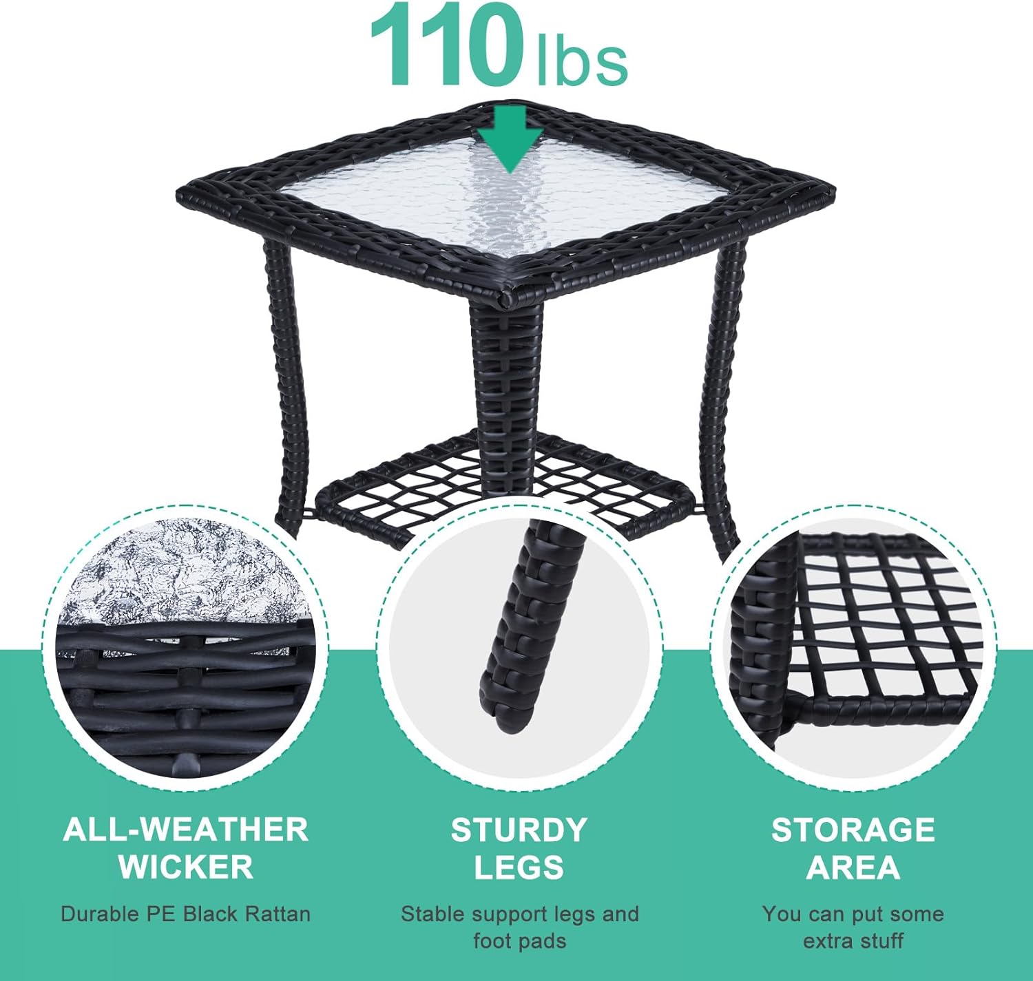 VINGLI Outdoor Side Table with Storage Wicker Patio Side Table, Tempered Glass Top End Table for Balcony Porch Deck