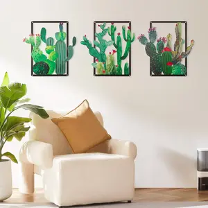 pechpell 3 Piece Green Metal Cactus Wall Decor, 12.2*11.8 Inch Southwestern Desert Plants Wall Art Sculpture, Western Arizona Bathroom Living Room Bedroom Decorations for Home
