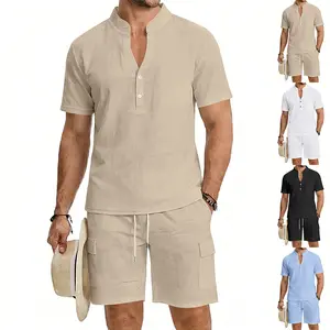 Summer men's casual linen loose breathable workwear sports Henry short sleeved shorts set