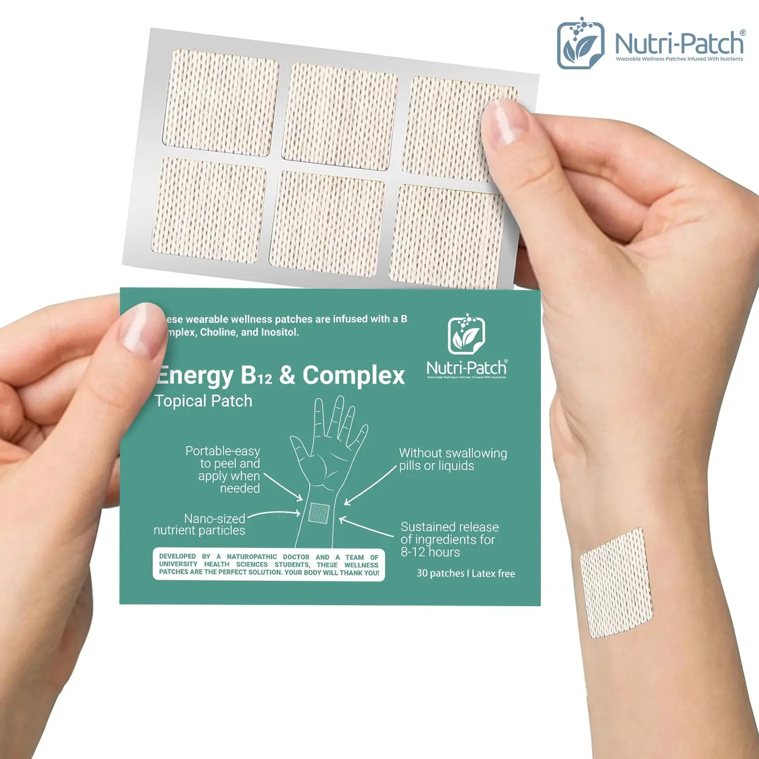 NUTRI-PATCH Energy B12 & B-Complex Nourishing Topical Patches - with Biotin, Choline, Inositol (30 Count)