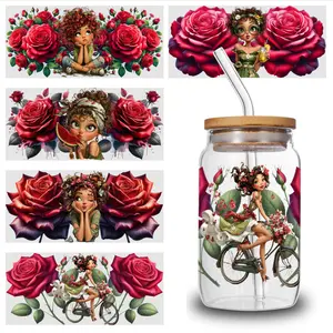 5 Sheets Girl Roses UV DTF Stickers UV DTF cup packaging transfer sticker, 16oz carafe decoration, suitable for any smooth object surface, craft decoration, glass decoration, campus decoration, small gifts for friends, small gifts for family.