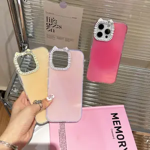 High-end Jelly Solid Color Cat Ear Rhinestone Rounded Edge Phone Case For iPhone 17 16 15 14 13 12 Pro Max Plus Air