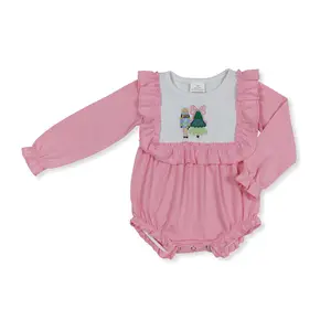 Christmas Pink tree Print Long Sleeve Girls OnePieces