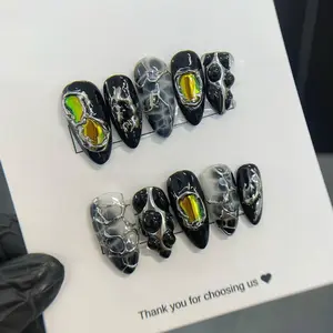 Handmade Black & Chrome Glass 3D Press-On Nails | Metallic Cracked Marble, Oil Mirror Accent, Glossy Finish | Edgy, Grunge Nail Art Set