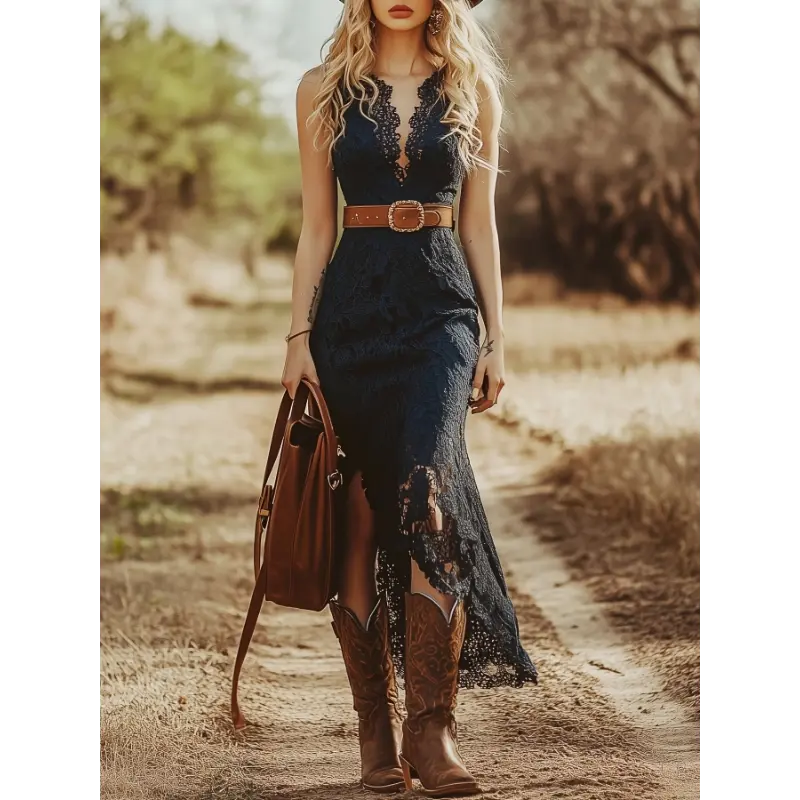 Women's Bohemian A-Line Maxi Lady Wedding Dress - Dark Blue, Plain, V-Neck, Casual/Western Wedding Guest Wear, Lace-Like Short Sleeves, Brown Belt Accent, Machine-Washable Polyester, Sleeveless Option, All-Season Elegant Party Wear, Western Wedding Guest