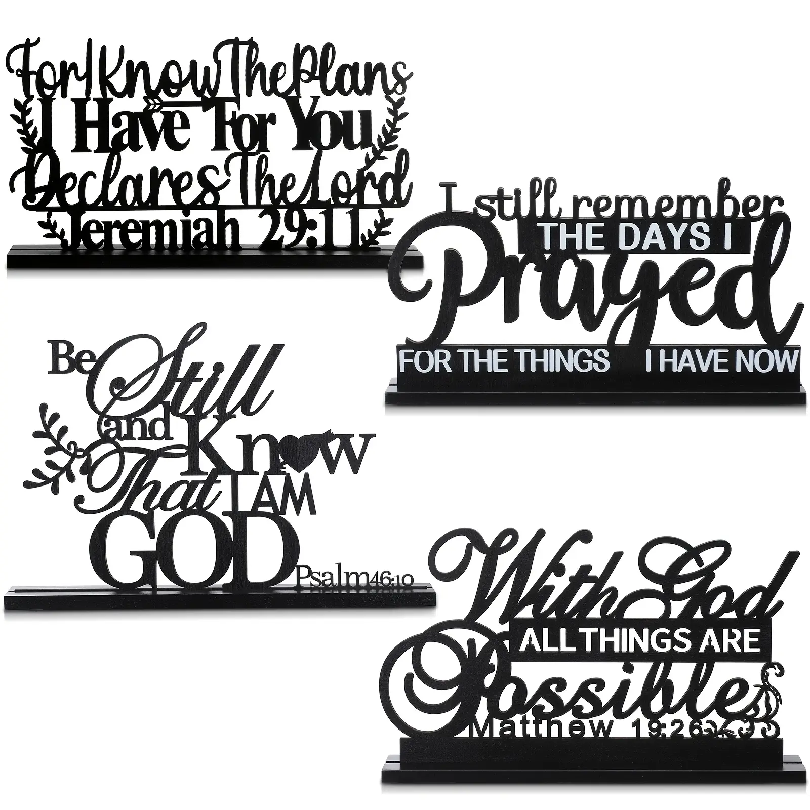 4pcs Inspirational Table Decorations Wooden Christian Faith Bible Verse Centerpieces Black Motivational Prayer Room Blessed Signs for Home Office Living Room Kitchen Farmhouse Art Decor
