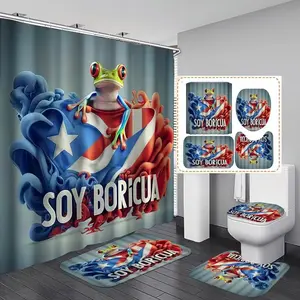 1/4pcs Tree Frog and Puerto Rico Theme Shower Curtain Set, Includes Toilet Seat Cover, Rectangular Mat, U-Shaped Pad, Perfect Bathroom Decor, Bathroom Restroom Supplies
