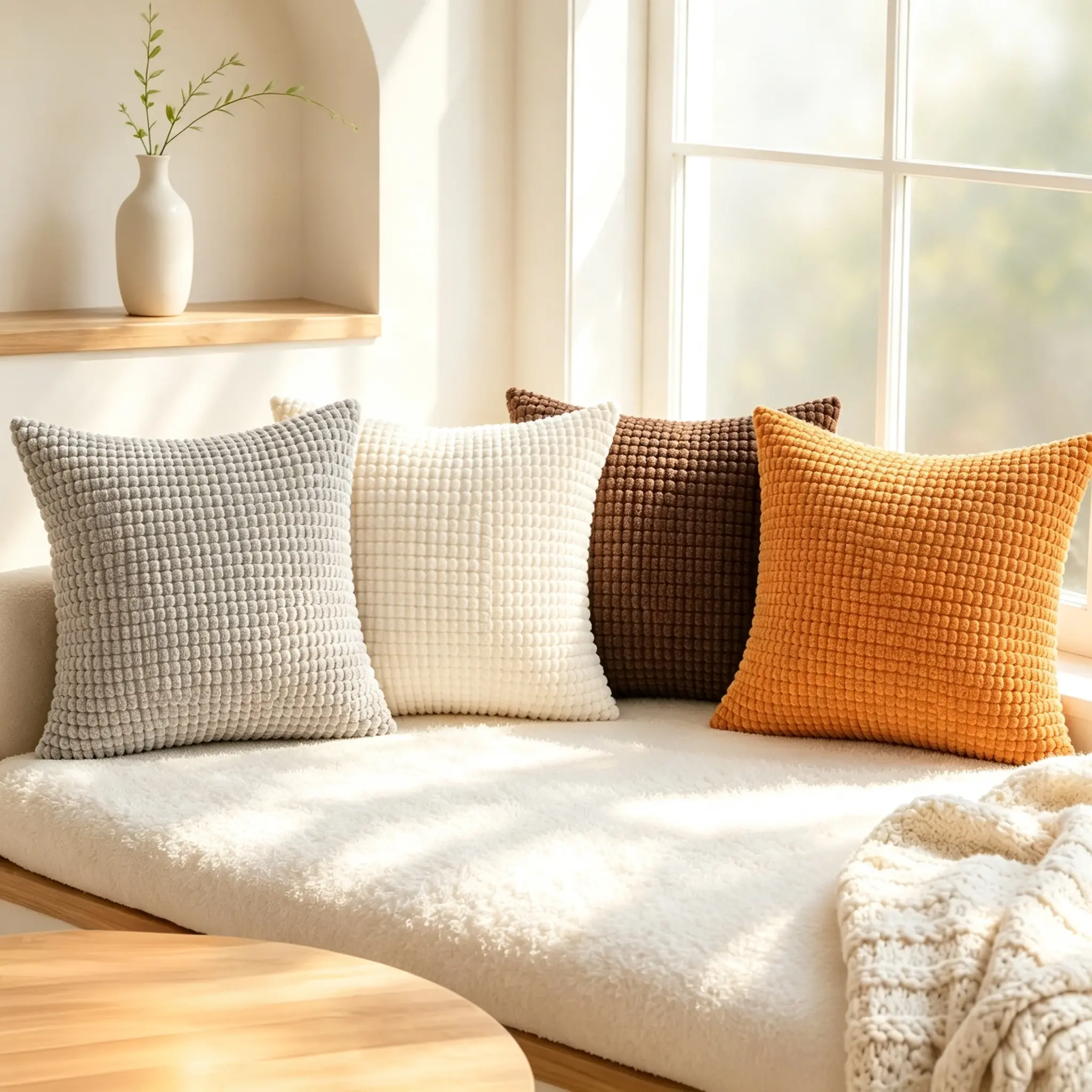 Indoor Decor 2-Piece Square Corduroy Pillow Cover Set, 18x18 in Raised Texture Corn Kernel Cushion Cases for Modern Farmhouse Sofa, Couch