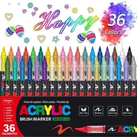 Acrylic Paint Marker - 36 Color pc Marker Pen Set, Acrylic Brush Set -36 pens , 1 Set of Soft Pen Tip Waterproof Pen, Glass Stone Wood Plastic Paper Art Paint Marking and Painting Set pantry organization storage stationeryBrush Watercolor pen